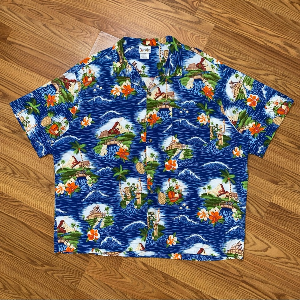 Vintage Disney Resort Volcano Bay Blue Hawaiian Rayon Shirt XXL Floral Tropical